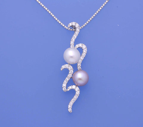 Sterling Silver Pendant with 8-8.5mm Button Shape Freshwater Pearl and Cubic Zirconia