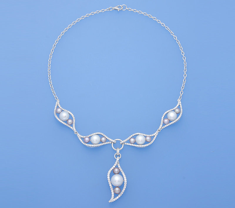 Sterling Silver Necklace with Button Shape Freshwater Pearl and Cubic Zirconia - Wing Wo Hing Jewelry Group - Pearl Jewelry Manufacturer