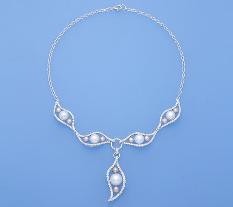 Sterling Silver Necklace with Button Shape Freshwater Pearl and Cubic Zirconia