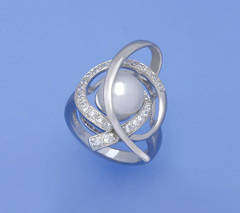 Sterling Silver Ring with 9-9.5mm Button Shape Freshwater Pearl and Cubic Zirconia