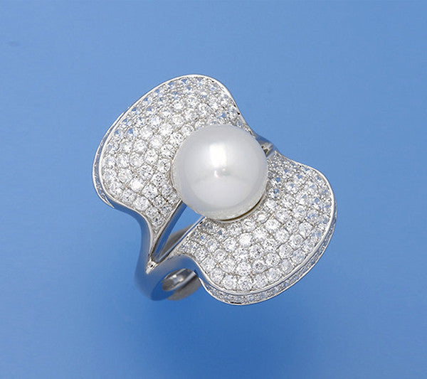 Sterling Silver Ring with 10-10.5mm Round Shape Freshwater Pearl and Cubic Zirconia - Wing Wo Hing Jewelry Group - Pearl Jewelry Manufacturer