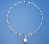 Sterling Silver Necklace with 12-12.5mm Baroque Shape Freshwater Pearl and Cubic Zirconia - Wing Wo Hing Jewelry Group - Pearl Jewelry Manufacturer