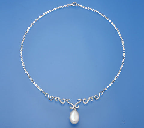 Sterling Silver Necklace with 12-12.5mm Baroque Shape Freshwater Pearl and Cubic Zirconia