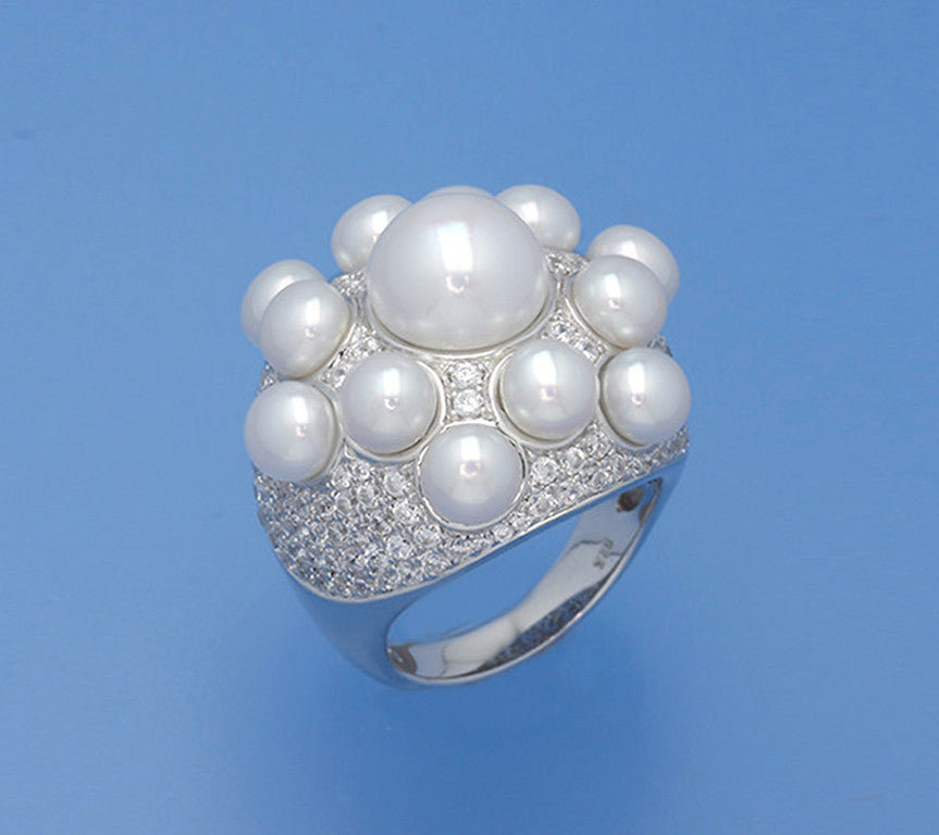 Sterling Silver Ring with 5.5-10.5mm Button Shape Freshwater Pearl and Cubic Zirconia - Wing Wo Hing Jewelry Group - Pearl Jewelry Manufacturer
