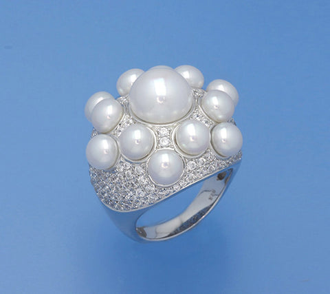 Sterling Silver Ring with 5.5-10.5mm Button Shape Freshwater Pearl and Cubic Zirconia