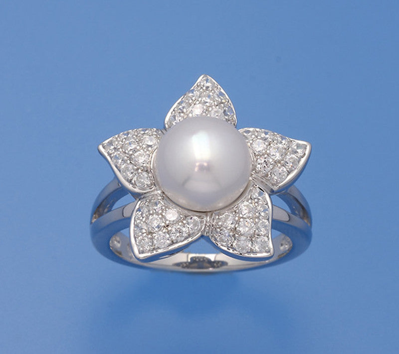 Sterling Silver Ring with 9-9.5mm Button Shape Freshwater Pearl and Cubic Zirconia - Wing Wo Hing Jewelry Group - Pearl Jewelry Manufacturer