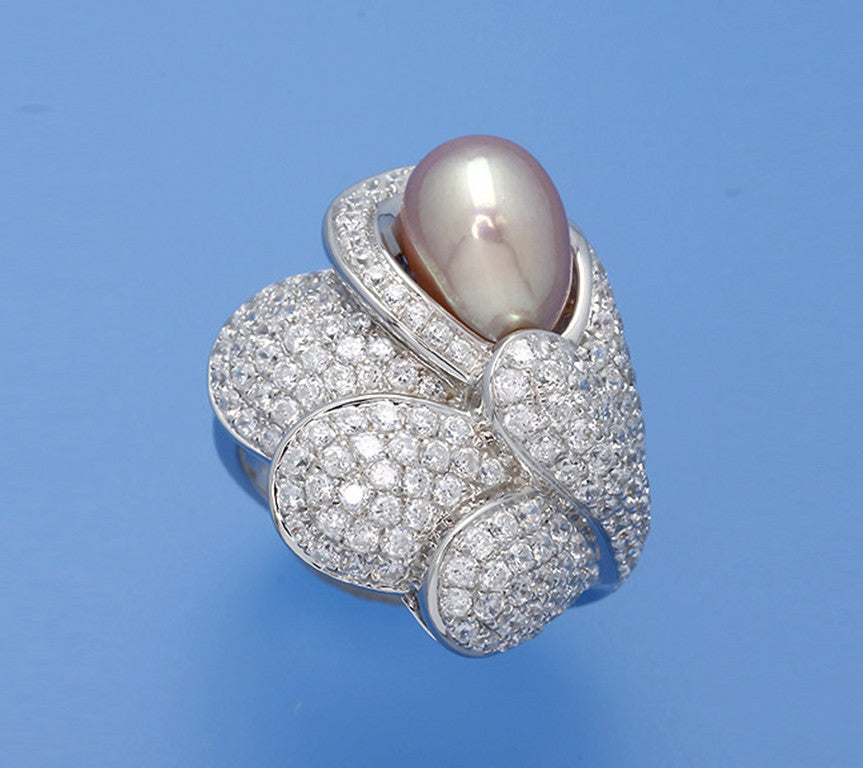 Sterling Silver Ring with 8-8.5mm Drop Shape Freshwater Pearl and Cubic Zirconia - Wing Wo Hing Jewelry Group - Pearl Jewelry Manufacturer