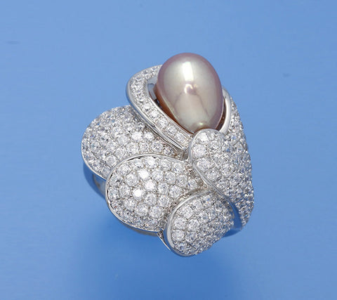Sterling Silver Ring with 8-8.5mm Drop Shape Freshwater Pearl and Cubic Zirconia