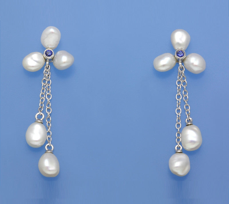 Sterling Silver Earrings with Keshi Freshwater Pearl and Cubic Zirconia - Wing Wo Hing Jewelry Group - Pearl Jewelry Manufacturer