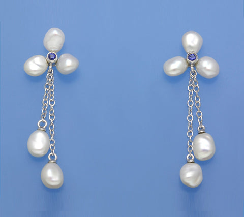 Sterling Silver Earrings with Keshi Freshwater Pearl and Cubic Zirconia