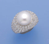 Sterling Silver Ring with 11-11.5mm Button Shape Freshwater Pearl and Cubic Zirconia - Wing Wo Hing Jewelry Group - Pearl Jewelry Manufacturer