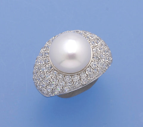 Sterling Silver Ring with 11-11.5mm Button Shape Freshwater Pearl and Cubic Zirconia