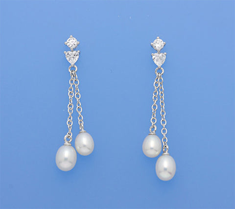 Sterling Silver Earrings with 5.5-6.5mm Drop Shape Freshwater Pearl and Cubic Zirconia
