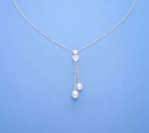 Sterling Silver Pendant with 6-7mm Drop Shape Freshwater Pearl and Cubic Zirconia