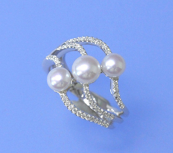 Sterling Silver Ring with 5-6.5mm Button Shape Freshwater Pearl and Cubic Zirconia - Wing Wo Hing Jewelry Group - Pearl Jewelry Manufacturer