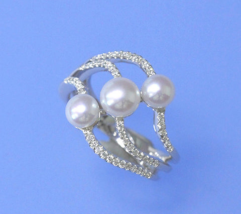 Sterling Silver Ring with 5-6.5mm Button Shape Freshwater Pearl and Cubic Zirconia