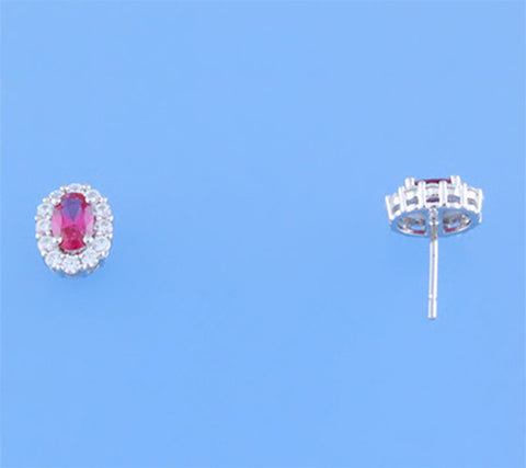 Sterling Silver Earrings with Red Corundum and Cubic Zirconia