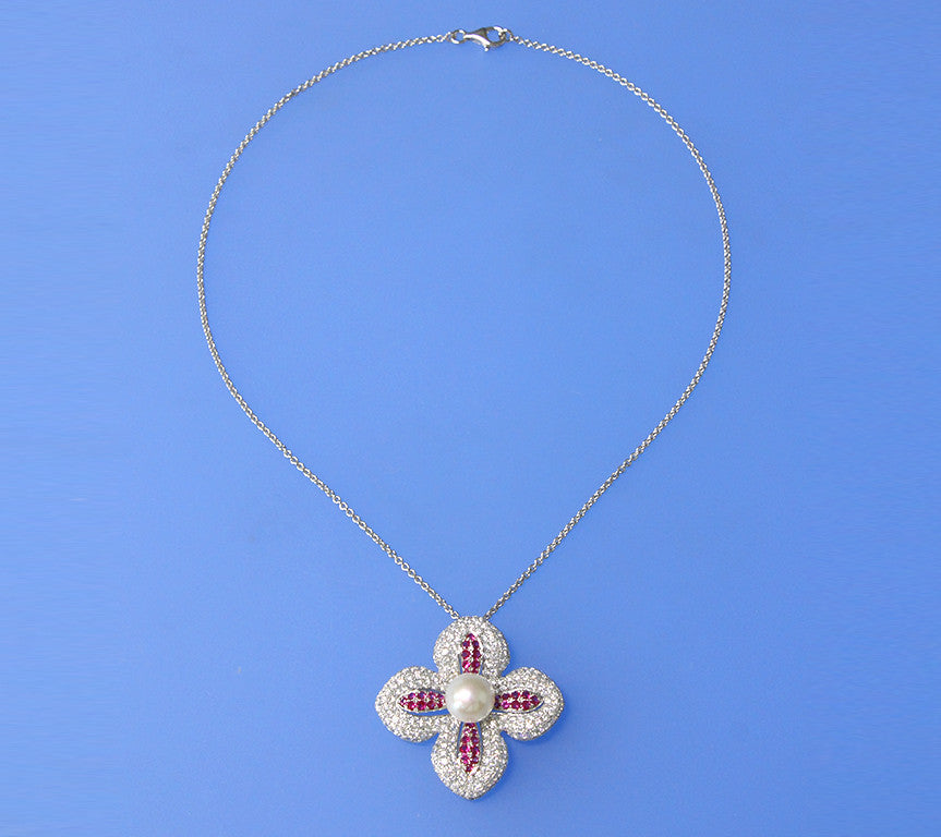 Sterling Silver Pendant with 11-11.5mm Button Shape Freshwater Pearl, Red Corundum and Cubic Zirconia - Wing Wo Hing Jewelry Group - Pearl Jewelry Manufacturer