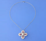 Sterling Silver Pendant with 11-11.5mm Button Shape Freshwater Pearl, Red Corundum and Cubic Zirconia - Wing Wo Hing Jewelry Group - Pearl Jewelry Manufacturer