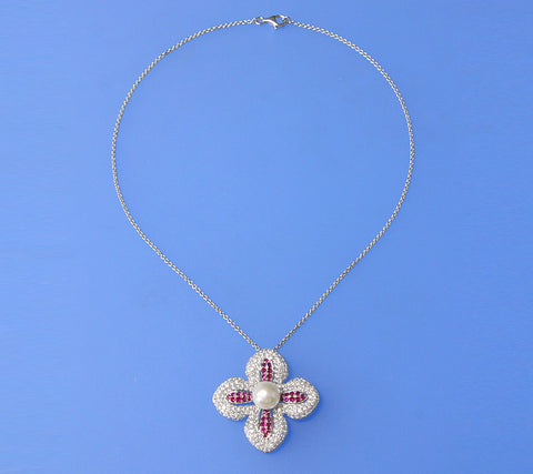 Sterling Silver Pendant with 11-11.5mm Button Shape Freshwater Pearl, Red Corundum and Cubic Zirconia