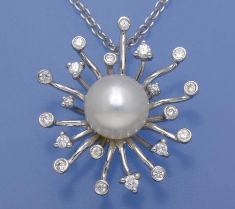 Sterling Silver Pendant with 9.5-10mm Button Shape Freshwater Pearl and Cubic Zirconia