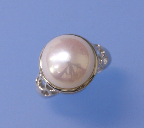 Sterling Silver Ring with 13.5-14mm Button Shape Freshwater Pearl