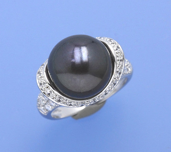 Sterling Silver Ring with 12.5-13mm Button Shape Freshwater Pearl and Cubic Zirconia - Wing Wo Hing Jewelry Group - Pearl Jewelry Manufacturer