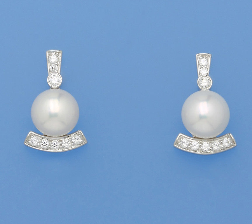 Sterling Silver Earrings with 8-8.5mm Button Shape Freshwater Pearl and Cubic Zirconia - Wing Wo Hing Jewelry Group - Pearl Jewelry Manufacturer