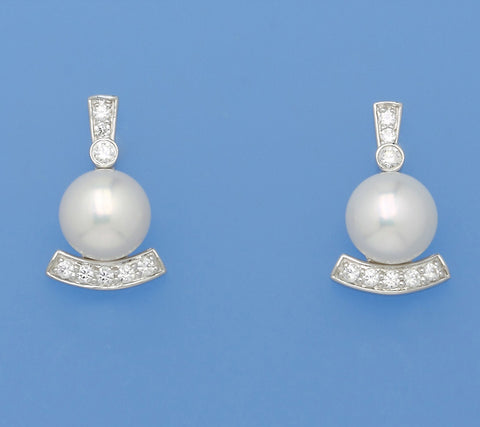 Sterling Silver Earrings with 8-8.5mm Button Shape Freshwater Pearl and Cubic Zirconia