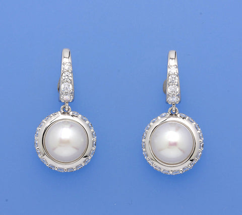 Sterling Silver Earrings with 10-10.5mm Button Shape Freshwater Pearl and Cubic Zirconia