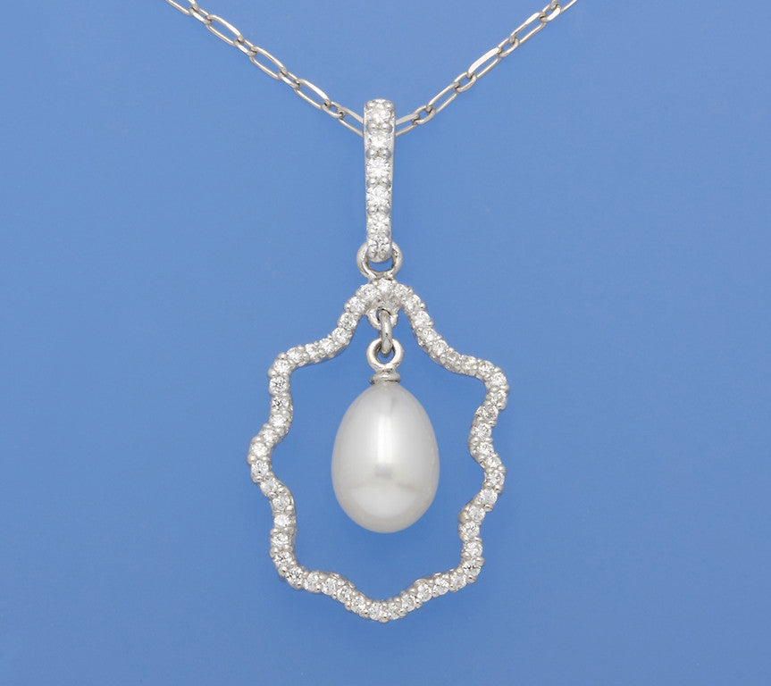 Sterling Silver Pendant with 7.5-8mm Drop Shape Freshwater Pearl and Cubic Zirconia - Wing Wo Hing Jewelry Group - Pearl Jewelry Manufacturer