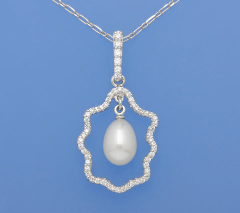 Sterling Silver Pendant with 7.5-8mm Drop Shape Freshwater Pearl and Cubic Zirconia