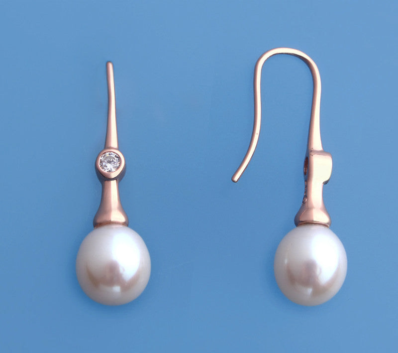 Rose Gold Plated Silver Earrings with 8.5-9mm Drop Shape Freshwater Pearl and Cubic Zirconia - Wing Wo Hing Jewelry Group - Pearl Jewelry Manufacturer