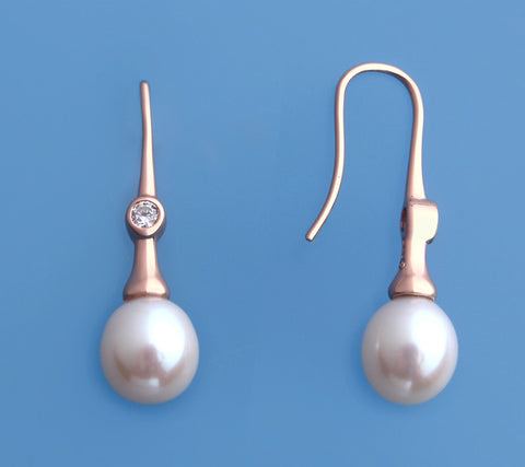 Rose Gold Plated Silver Earrings with 8.5-9mm Drop Shape Freshwater Pearl and Cubic Zirconia
