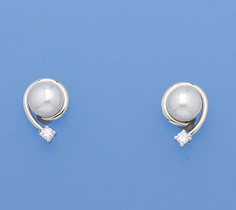 Sterling Silver Earrings with 7-7.5mm Button Shape Freshwater Pearl and Cubic Zirconia