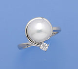 Sterling Silver Ring with 9.5-10mm Button Shape Freshwater Pearl and Cubic Zirconia - Wing Wo Hing Jewelry Group - Pearl Jewelry Manufacturer