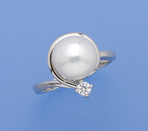 Sterling Silver Ring with 9.5-10mm Button Shape Freshwater Pearl and Cubic Zirconia