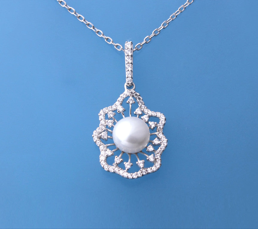 Sterling Silver Pendant with 9-9.5mm Button Shape Freshwater Pearl and Cubic Zirconia - Wing Wo Hing Jewelry Group - Pearl Jewelry Manufacturer