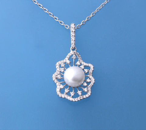 Sterling Silver Pendant with 9-9.5mm Button Shape Freshwater Pearl and Cubic Zirconia