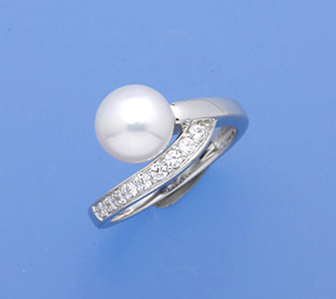 Sterling Silver Ring with Round Shape Freshwater Pearl and Cubic Zirconia