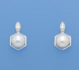 Sterling Silver Earrings with 9-9.5mm Button Shape Freshwater Pearl and Cubic Zirconia - Wing Wo Hing Jewelry Group - Pearl Jewelry Manufacturer