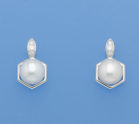 Sterling Silver Earrings with 9-9.5mm Button Shape Freshwater Pearl and Cubic Zirconia