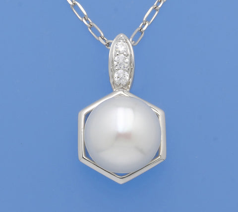 Sterling Silver Pendant with 10-10.5mm Button Shape Freshwater Pearl and Cubic Zirconia