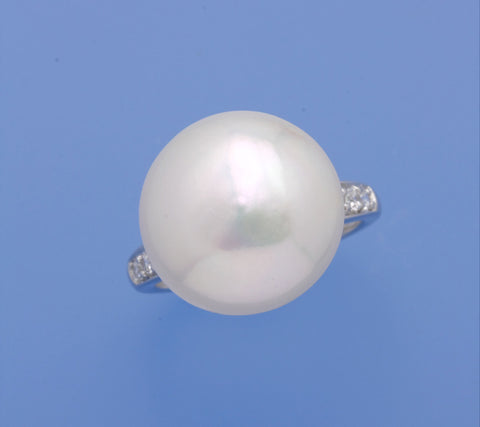 Sterling Silver Ring with 15-16mm Coin Shape Freshwater Pearl and Cubic Zirconia