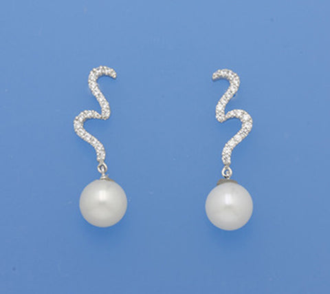 Sterling Silver Earrings with Round Shape Freshwater Pearl and Cubic Zirconia