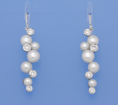 Sterling Silver Earrings with 5-8mm Button Shape Freshwater Pearl and Cubic Zirconia