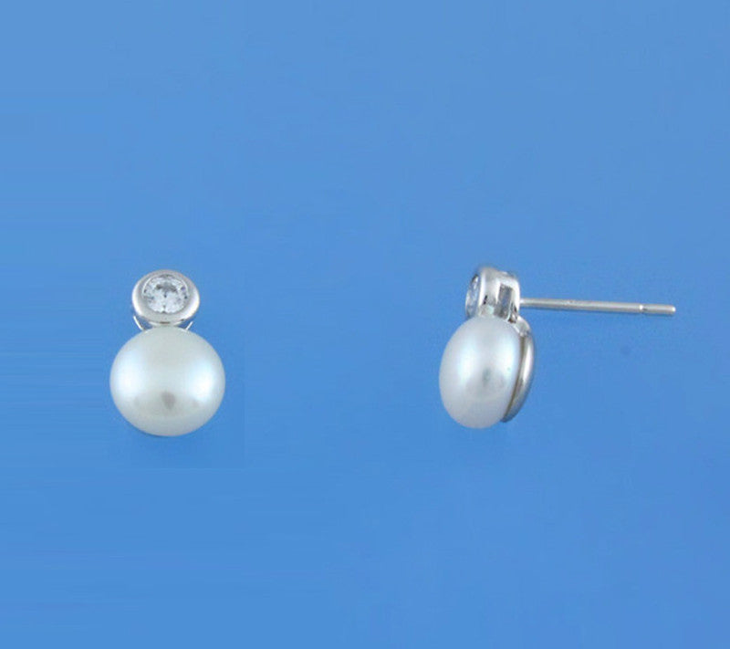 Sterling Silver Earrings with 7-7.5mm Button Shape Freshwater Pearl and Cubic Zirconia - Wing Wo Hing Jewelry Group - Pearl Jewelry Manufacturer