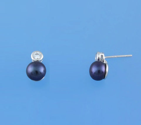 Sterling Silver Earrings with 7-7.5mm Button Shape Freshwater Pearl and Cubic Zirconia