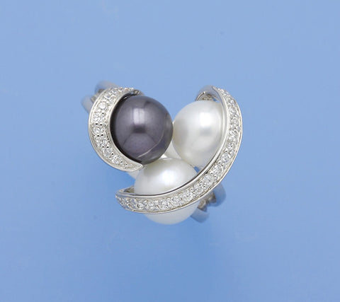 Sterling Silver Ring with Round Shape Freshwater Pearl and Cubic Zirconia