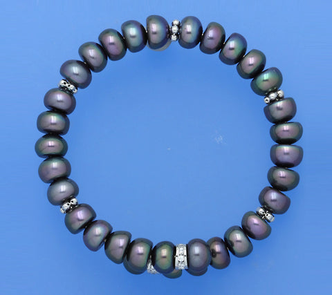 Sterling Silver Bracelet with 7.5-8mm Button Shape Freshwater Pearl and Cubic Zirconia